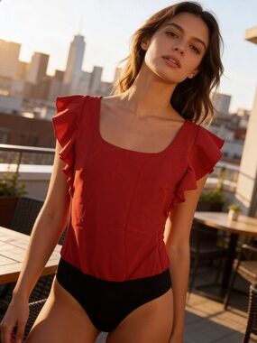 Commando NWT Red Bonded Ruffle Bodysuit | Sleek Seamless Statement Top
